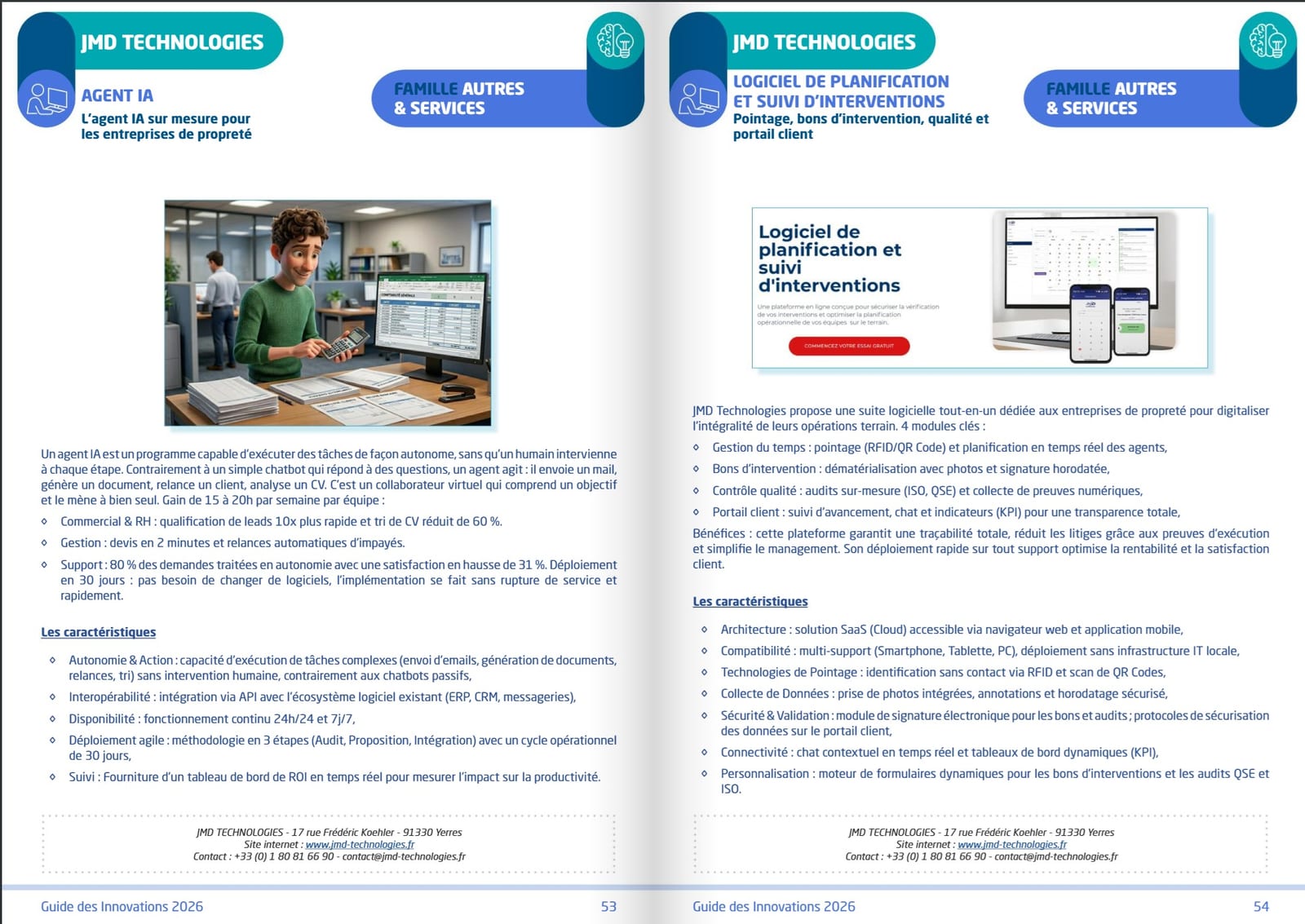 Double page consacrée à JMD Technologies dans le Guide des Innovations 2026 du Monde de la Propreté : l'agent IA sur mesure pour les entreprises de propreté et le logiciel de planification et de suivi d'interventions.
